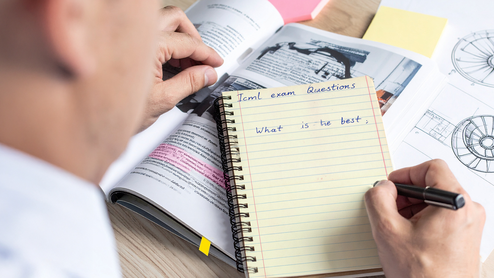 Hands writing ICML exam questions in a notebook