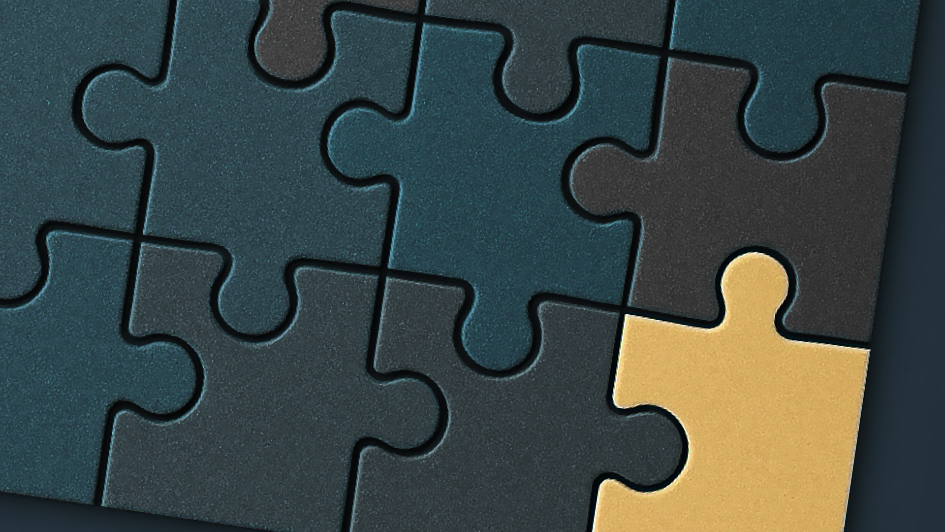 Gold puzzle piece completing a larger puzzle